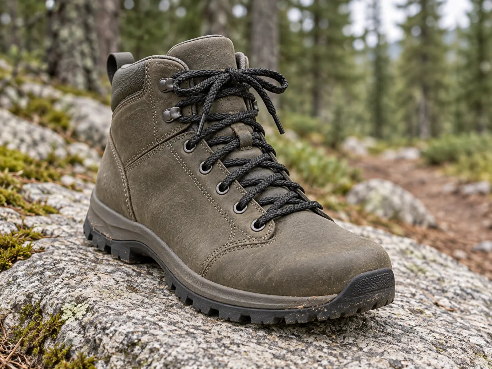Illustrative trail scene with an olive hiking boot and black round braided laces